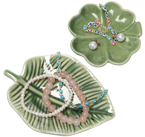 Keboyoe 2 Plato de Joyería de Cerámica Bandeja Joyería de Cerámica Plato de Joyería de Flores y Hojas Bandeja de Joyas Ceramica Bandeja de Llaves Bandeja de Joyería para Joyas Anillos Aretes