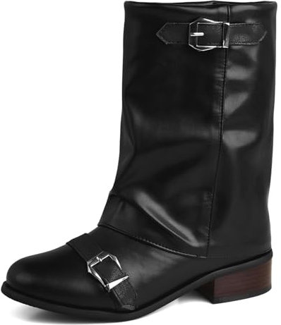 Lizoleor Tacco A Blocco Con Risvolto Punta Rotonda Retrò Donna Mid Boots Tacco Medio Fibbia Retrò Senza Chiusura Concise Stivali Arricciati Nero Numero 36 Eu