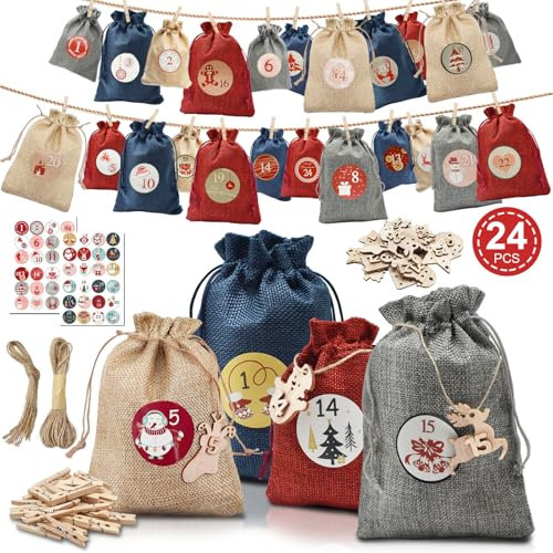 YTACREA Advents kalender zum Befüllen, 24 Pcs Adventskalender Säckchen Kinder, Groß Adventskalender zum Befüllen Stoff mit AdventskalenderZahlen Holzetikett, Weihnachtskalender 2024 zum Befüllen