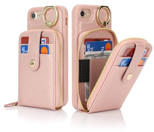 SailorTech iPhone 7/8 Case Ring Stand with Credit Card Holder for Women, iPhone SE 2020/SE 2022 Leather Case Wallet with Credit Card Slots Zipper Case for iPhone 7/8/SE2/SE3-Rose Gold