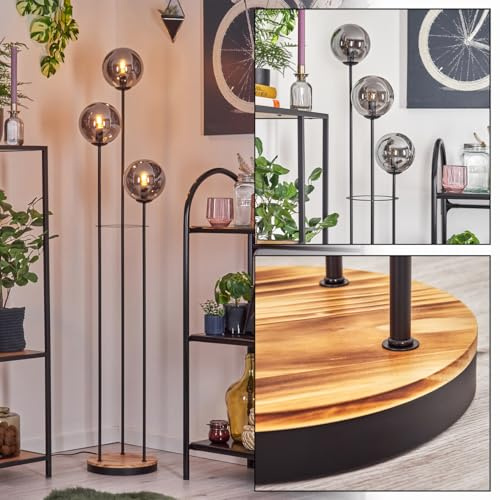 HOFSTEIN Stehleuchte Gastor, Stehlampe aus Metall/Holz/Glas in Schwarz/Hellbraun/Rauch, moderne Leuchte im Retro/Vintage-Design Ø 15cm, Fußschalter, 150cm, E14, Wohnzimmer, Schlafzimmer, Flur, Büro