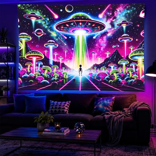 BlissYard Glowing Tapestry Trippy Mushroom UFO Space Tapestries 78x59 Inch Cool Alien Tapestry UV Reactive Psychedelic Neon Galaxy Space Tapestry Wall Hanging Poster Bedroom Living Room Dorm Decor