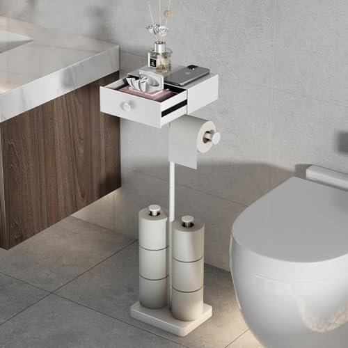 VOLDRA Toilet Roll Holder Free Standing, Toilet Paper Stand With Drawer Storage Rustproof & Multifunctional Heavy Duty Wipes Dispenser Tissue Holder No Drill Accommodates Up to 7 Rolls(White)