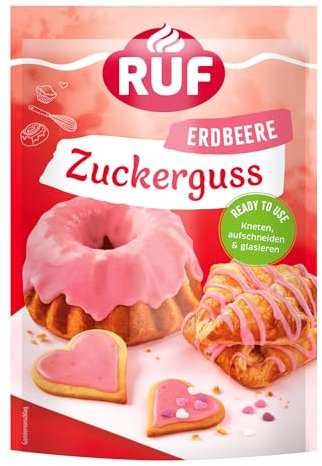 RUF Zuckerguss Erdbeer, sofort anwendbar als Glasur für Kuchen und Gebäck, fruchtig süßer Erdbeer-Genuss, 1 x 150g
