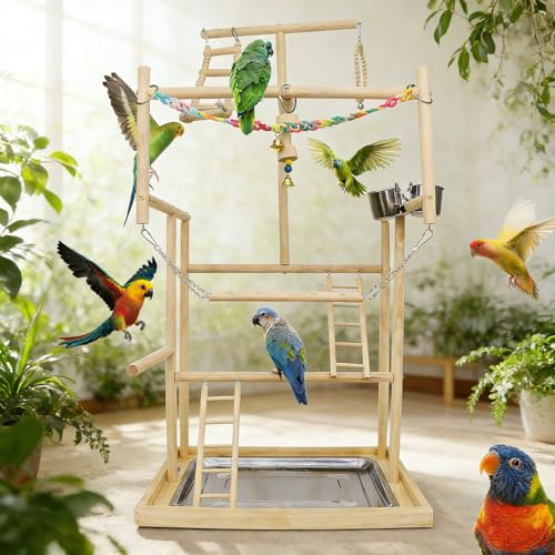 TOOSOAR Parco Giochi per Pappagalli in Legno,con Tazze di Alimentazione in Acciaio Inox, Catena in Plastica Colorata per Animali Domestici, per Pappagalli e Altri Uccelli