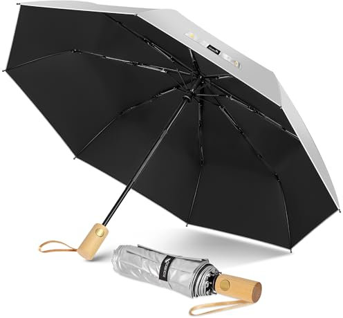 ZOMAKE Parasol Anti Uv,Paraguas Plegable AutomáTico De Sol,Paraguas Compacto Con Mango De Madera Para Hombre Mujer(Plateado Negro)