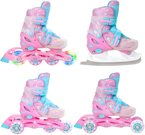 RAVEN 4in1 Inline Skates Triskates Rollschuhe Schlittschuhe Inliner für Kinder Mädchen verstellbar Geburtstag Geschenk (Caramell, 26-29 (16,5cm-18,5cm))