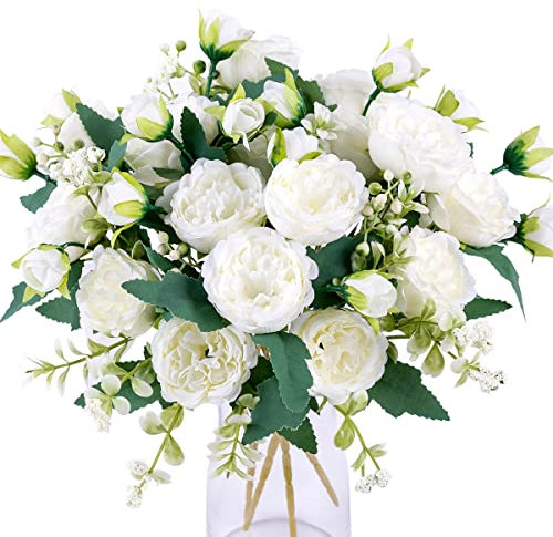 Floweroyal Künstliche Pfingstrosen, weiße Blumen, Seidenpfingstrosen, Blumensträuße für Hochzeit, Party, Tischdekoration, Blumenarrangement, Zuhause, Küche, Dekoration, 2 Stück