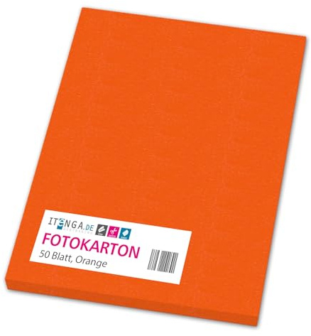 itenga farbiger Fotokarton 50 Blatt A4 300 g/qm² - Tonpapier Tonkarton Bastelpapier Bastelkarton Bogen durchgefärbt zum kreativen Gestalten und Basteln (ORANGE)