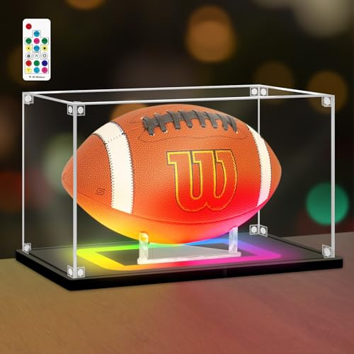 Nonemey RugbyBall Vitrine mit Bunten Led-Licht, Acryl vitrine schaukasten Display case mit Ständer für volle Größe Volleyball Fußball, Sport Memorabilia Vitrine für Sammlerstücke(Schwarz,32x19x19cm)
