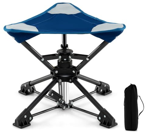 COSTWAY Folding Hunting Stools, Lightweight Tripod Camping Stool with Anti-Sink Feet and Carry Bag, 360° Swivel Hunter Seat Blind Stool for Hiking Fishing, 150KG Capacity (1, Blue+Black)