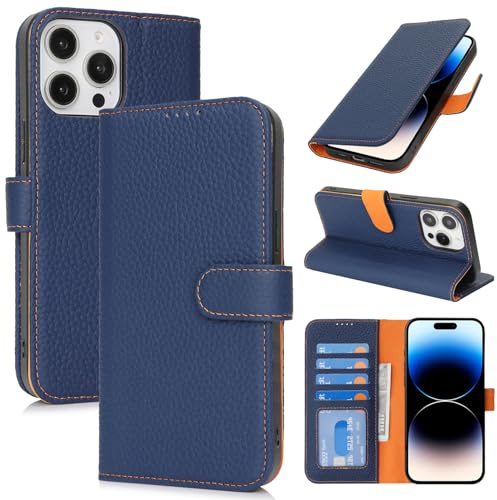 Zouzt Leather Wallet Case for iPhone 14 Pro, 4 Card Slot, Blue & Orange | Genuine Leather, Card Holder, Shockproof TPU Shell, Magnetic Closure, Protective Flip Folio Phone Cover, For Women Men