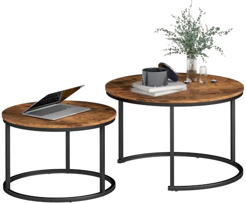 HOMCOM Coffee Table Set of 2 with Metal Frame for Living Room, Rustic Brown | Modern Round Nest of Tables
