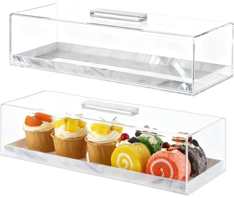 APACALI 2 Pack Acrylic Rectangular Cake Tray, 35.7x12.8x9cm Cake Display with Lid, Reusable Dessert Holder with Handle, Cake Display Stand for Party Home Kitchen, White