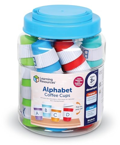 Learning Resources Alphabet Coffee Cups, Ages 3+, Alphabet Toys for Preschool Learning, ABC Matching Game, Fine Motor Skills, Pretend Play Café Set
