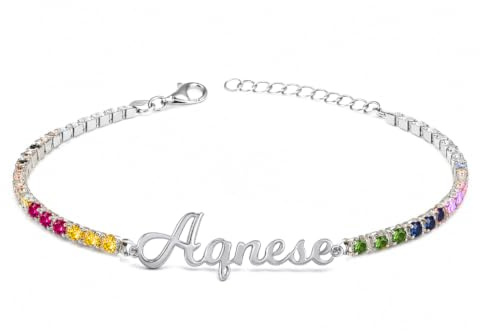 Sakrami Bracciale con Nome Tennis Personalizzato Corsivo Argento 925 Rodiato o Placcato Oro con Zirconi Bianchi Rosa Multicolor, Regalo Donna Ragazza Laurea Compleanno Comunione