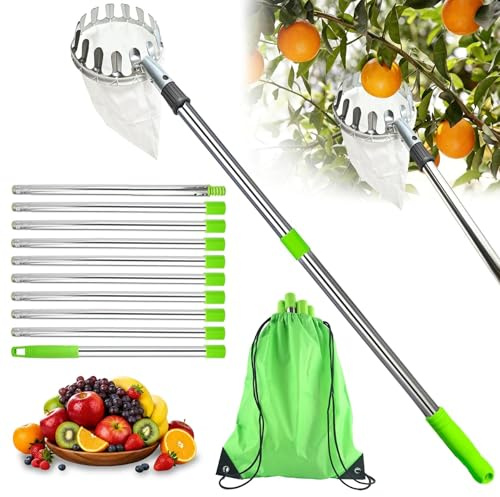 LINSOCLE 4m Rrecoge Frutas Telescopico | Ayuda para Recoger Manzanas cerezas Frutas con Acero inoxidable Ligero