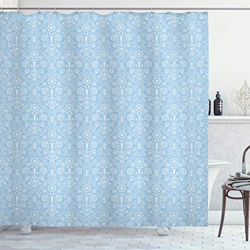 ABAKUHAUS Hellblau Duschvorhang, Barocke Damast-Artwork, Stoffliches Gewebe Badezimmerdekorationsset mit Haken, 175 x 220 cm, Hellblau Weiß