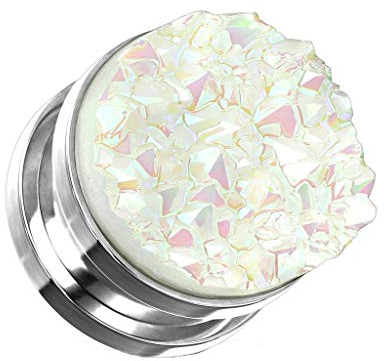 beyoutifulthings Ohr-Plug Weißer Glitzer Drusen-Stein Silber Ohr-Piercing Edelstahl Ohr-Schmuck Screw Fit Flesh Ohr-Tunnel Schraub-Verschluss 10mm