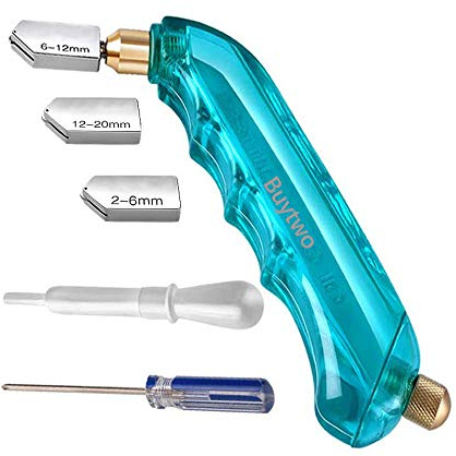 Pistol Grip Oil Feed Glass Cutter with 3 Size Glass Cutter Replacement Heads and Oil Reservoir Storage Box, Screwdriver