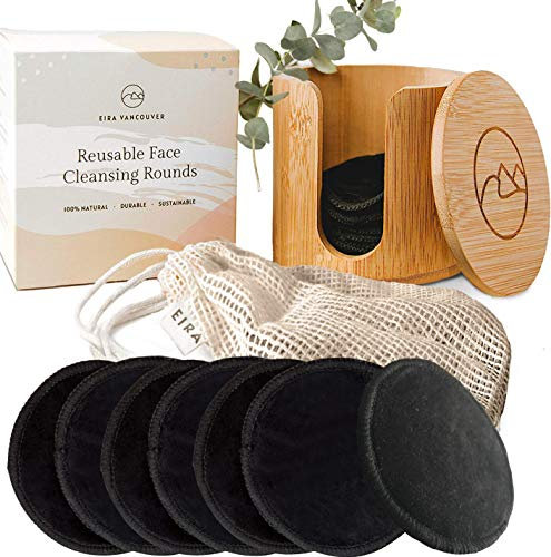 EIRA's Washable Makeup Remover Pads - Black Bamboo Reusable Cotton Rounds with Wooden Holder. Makeup Remover Cloths - Eco-Friendly - Zero Waste Reusable Makeup Remover Pads Set