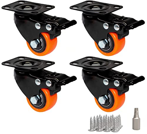 PRIOstahl Möbelrollen Bremsrollen Schwerlastrollen Transportrollen Orangene Premium Rollen - 4 x Lenkrollen mit Bremse 40 mm + Befestigungsschrauben und Bit für Möbel Schränke Spurlos & Leise