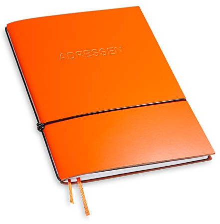 A5 und 7 mm dünn! Revolutionäres, X17- Adressbuch ! Recyceltes Leder, orange; Innen: 1 Adressheft und einem Lesezeichenband, austauschbar=nachhaltig! Made in Germany, 17 Jahre Garantie*