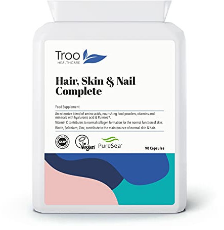 Troo Health Care Hair Skin and Nails Complete 90 Capsules - Premium Daily Supplement with Vegan Collagen Formation, Biotin, Coconut, Avocado, Hyaluronic Acid and Aminos - for Men & Women