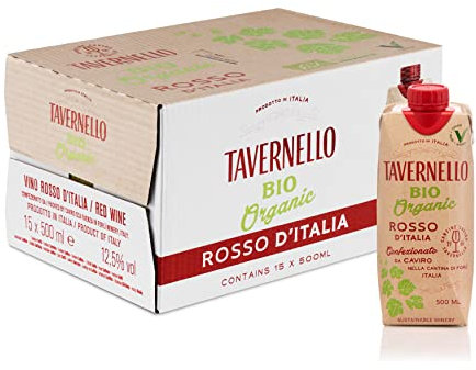 Tavernello Bio Organic Vino Rosso d'Italia, Vino Biologico dal Gusto Rotondo e Persistente, 12.5% Vol, Confezione con 15 Brik da 500 ml