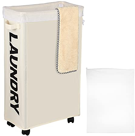 IHOMAGIC Panier à Linge sur Roulette Pliable, Capacité: 62L, Polyester - Grande Panier Rangement Collecteur de Buanderie, Corbeille à Linge avec Sacs à Linge Amovibles pour Tapis de Yoga (Beige)