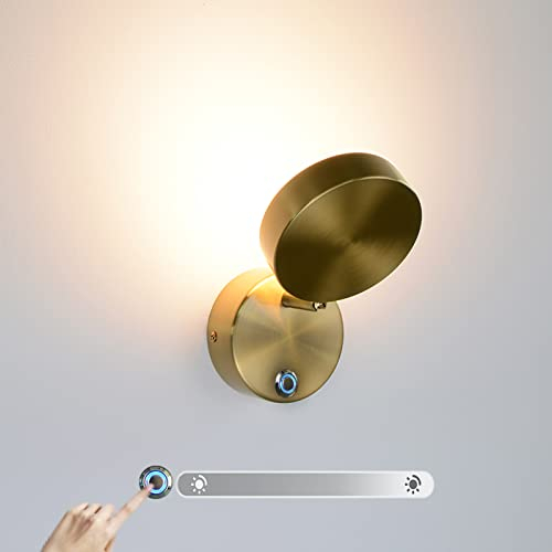VOMI Schwenkbar Wandlampe Innen Mit Touch Schalter Gold Wandleuchte LED Helligkeit Dimmbar Schlafzimmer Lampe Wand Leselampe Bett Drehbar Beleuchtung Wohnzimmer Spiegel Hotel Warmweißes 3000K