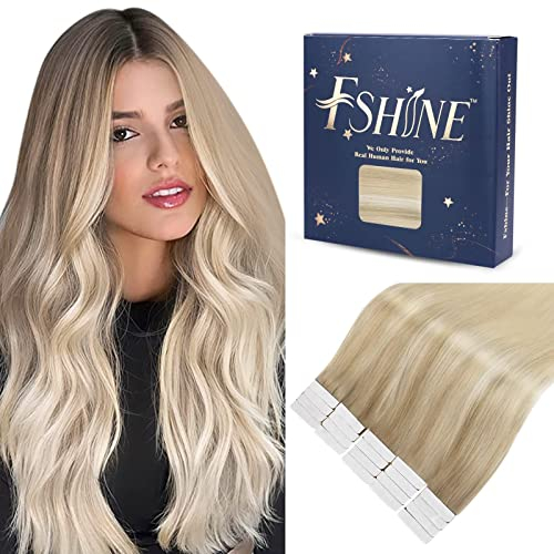 Fshine Tape Extensions Echthaar 50cm 50g 20 Stücke Klebeband Haarverlängerungen Echthaar Extensions Tape Aschblond bis Bleichblond mit Platinblond Farbe 18 22 60