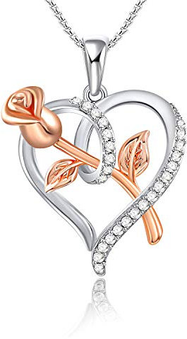 SNZM Collana Cuore Rosa per Donna Collana Ciondolo Amore Zirconi Cubici, Ciondolo Rosa Portagioie Regali Compleanno per Mamma Moglie Regalo per Festa della Mamma (Rose 2)
