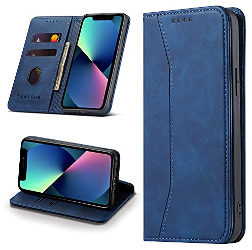 Leaisan Handyhülle für iPhone 13 Hülle Premium Leder Flip Klappbare Stoßfeste Magnetische [Standfunktion] [Kartenfächern] Schutzhülle für iPhone 13 Tasche - Blau