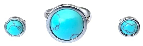 Ring- und Ohrring-Set mit Natursteinen - Passender Silber-Edelstahl-Ring und Ohrringe - Frauenring-Schutzamulett - Perfekt zum Verschenken (Türkis)
