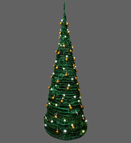 6Ft/180cm Prelit Pre Decorated Pop up Christmas Tree Xmas Home Indoor LED Warm White Lights Gold Baubles Decorations Battery Operated