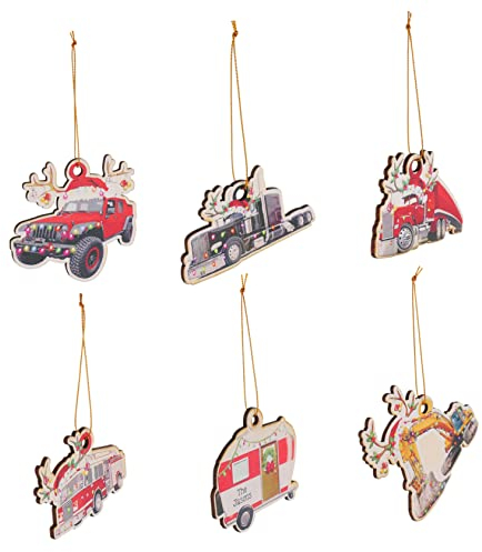 Toyvian 6st Weihnachtsschmuck Weihnachtsbaumschmuck Schneemann Weihnachtsdekoration Urlaub Baumschmuck Weihnachts-LKW-anhänger Autoanhänger Weihnachtsauto Zum Aufhängen Holz Bagger Wagen