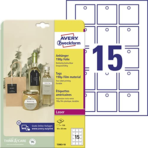AVERY Zweckform T3003-10 stabile Anhänger 150 Stück inkl. Schnüre (50x50mm auf A4, beidseitig bedruckbare Produktanhänger, reißfeste, strapazierfähige Geschenkanhänger, Preisanhänger) Folie, weiß