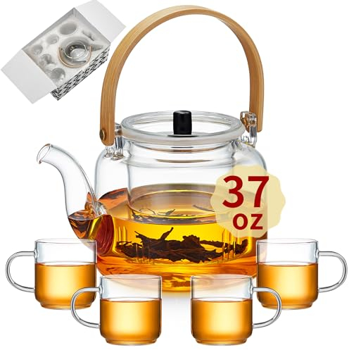 Glass Teapot Set, 37OZ/1100ML Glass Tea Kettle with 4 Double Wall Teacups, Tea Pot with Infusers for Loose Tea, Stovetop & Microwave Safe Tea Maker