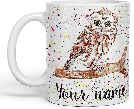 Vixar Personalised with Your Text Owl Bird Watercolour Art Coloured Ceramic Mug Cup Gift 330ml 11oz Custom Work Office Tea Coffee (O2) (White)