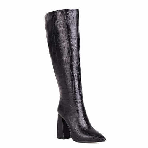 Carkuolary Donne Knee Stivali Alti with Chunky Heel Appuntito Faux Coccodrillo Comodo and Fashionable Retrò Stivali for Autunno and Inverno Wear per donne Ragazze Le signore nero Numero 33