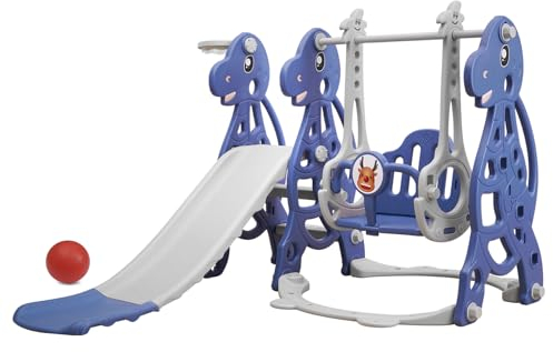Sinbide 4-IN-1 Baby Klettern und Schaukel Set, Multifunktionale Rutsche mit Schaukel & Basketballkorb & Kletterleiter, Stabile Kleinkinderrutsche, Gartenrutsche ab 1 Jahr, Geschenk für Kinder (Blau)
