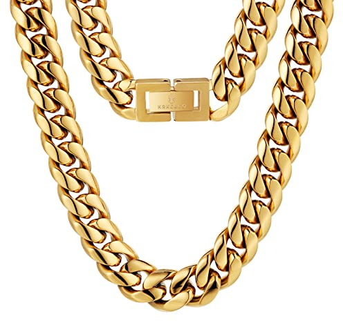 KRKC&CO Herren Panzerkette 14mm, 18K Gold plattiert Edelstahl Cuban Link Chain, Miami kubanische Gliederkette für Männer, Gold Kette Hip Hop Halskette für Jungen Größe 66cm