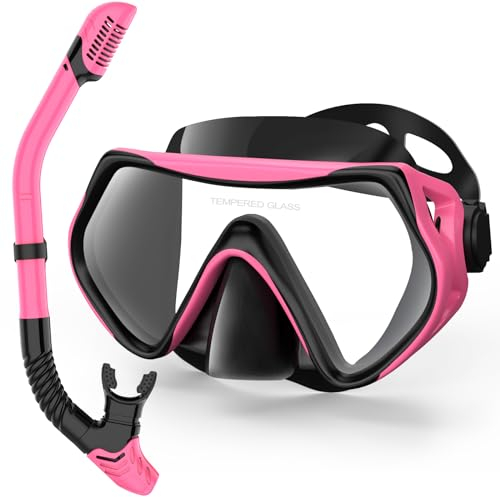 LITTLEJSY Schnorchelset Erwachsene, Schnorcheln Set mit Anti-Fog Taucherbrille und Dry Schnorchel, Professionelle Schnorchelmaske Tauchmaske aus Gehärtetem Glas für Schnorcheln (Pink)