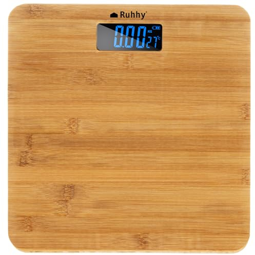 Ruhhy Waage Personen bis 180 kg LCD-Anzeige mit Bambus - Personenwaage Digital - Hochpräzise Sensoren - Automatische Abschaltung 22522