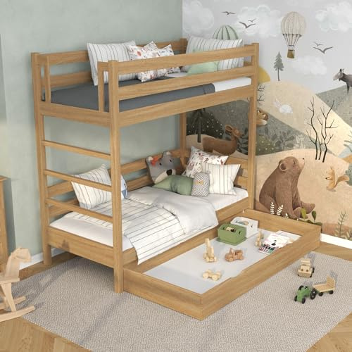N-wood N03 Etagenbett mit Schublade, Hochbett 90x200 cm, aus Eichenholz, 2 Leitermontageseiten: Links oder rechts, abgerundete Kanten, Stabile Massivholzkonstruktion, inklusive Lattenrost, Natureiche