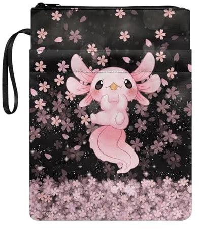 Binienty Axolotl Buchhülle mit Reißverschluss-Fronttasche für Hardcover, rosa Kirschblüten, Buch-Tragetasche für Erwachsene, Teenager, staubdichte Buchhülle