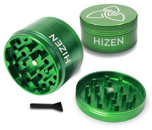 HIZEN Alu Grinder XXL Ø 63mm, 4-teilige Kräutermühle, Crusher Set für getrocknete Kräuter, Pollen, Blüten, Gewürze mit Pollenfach und Schaber (Grün)