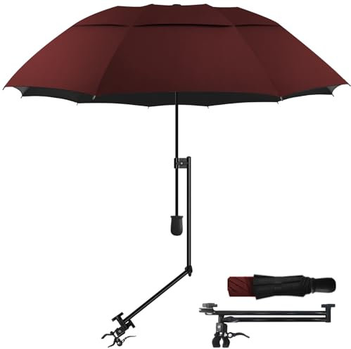 Terrassenschirm, LSF 50+, um 360 ° verstellbar, Sonnenschirm mit Universalklemme, geeignet für Terrasse, Strandkörbe, Golfwagen, Rollstühle, Karren, Bleichmittel, Camping und Angeln (Wein 124 cm/Typ