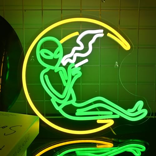 GLYOX Alien Neon,Lumiere LED Lune Alien Fumeur Vert,Décoration Chambre Neon Mural,Cool Enseigne Lumineuse pour Chambre Homme,Deco Murale de Salle de Jeux,de Fenêtre pour Bar Cave Homme Cadeau Lumineux